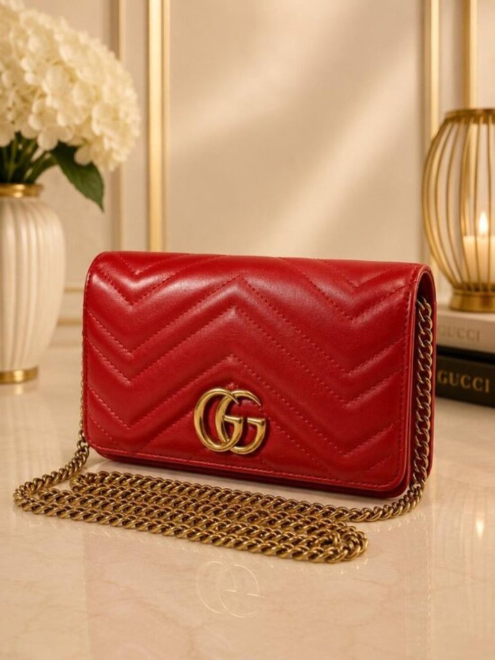 Authentic Gucci GG Marmont Mini Red Matelassé Chain Wallet Crossbody